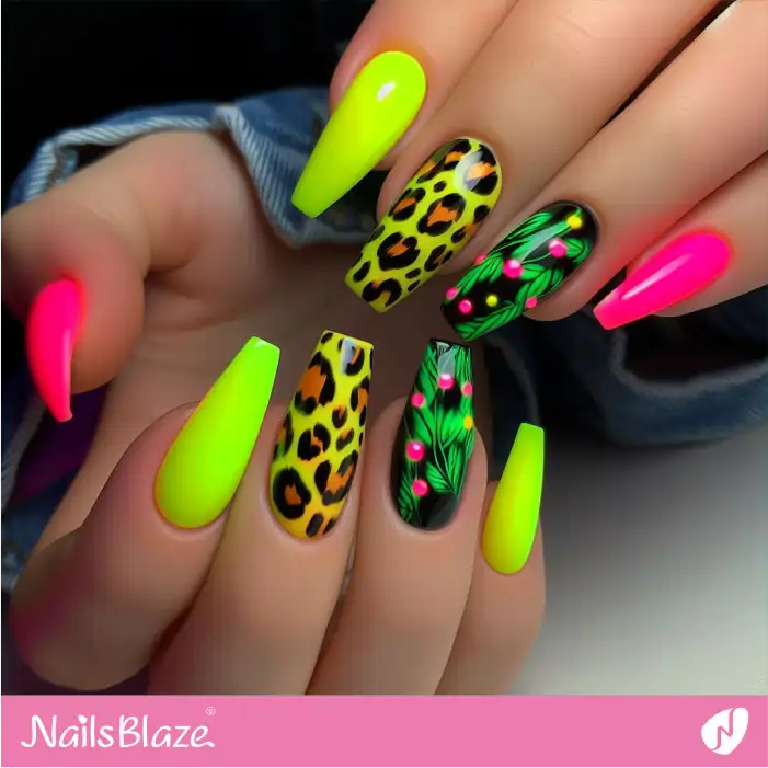 Neon Leaf and Leopard Nail Design | Animal Print Nails - NB2631